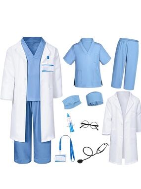 Kids Blue Doctor Nurse Scrub Costume Set with White Lab Coats - Unbranded